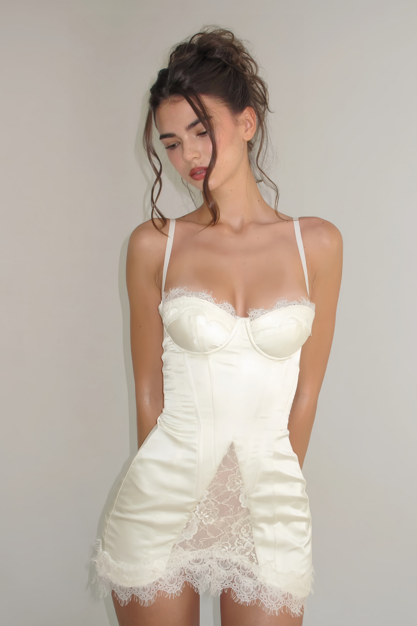 lorraine White Satin Mini Dress with Lace Panels