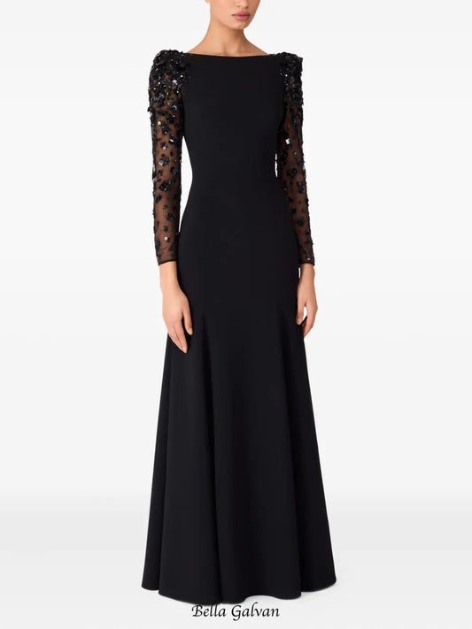 martha Mesh splicing beading diamond maxi dress in black