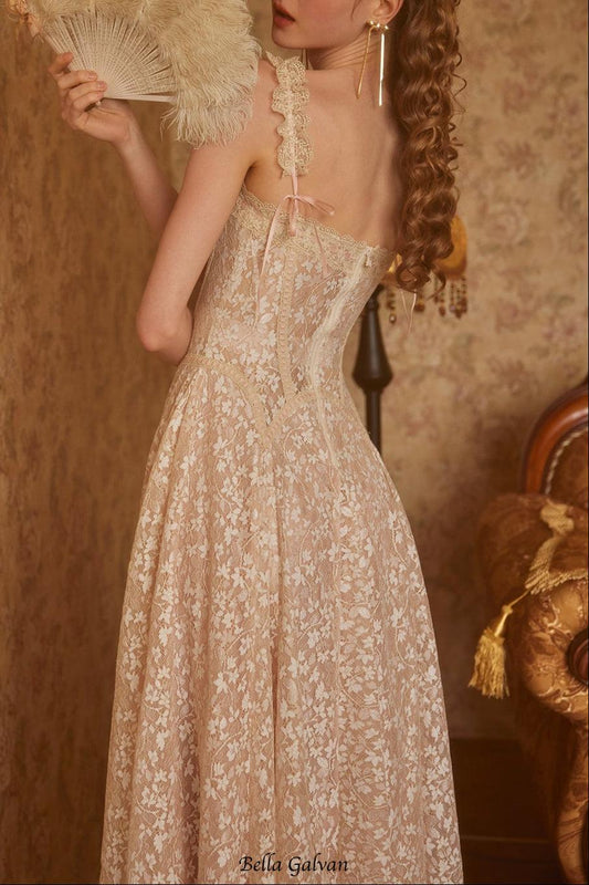 aurora lace floral embroidery midi dress in nude