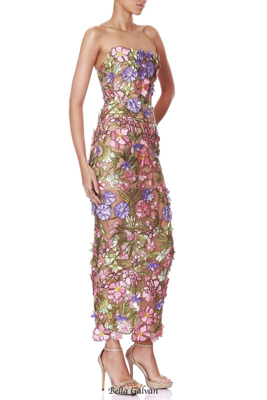 eudora multicolored Iris Floral embroidery Strapless maxi Dress