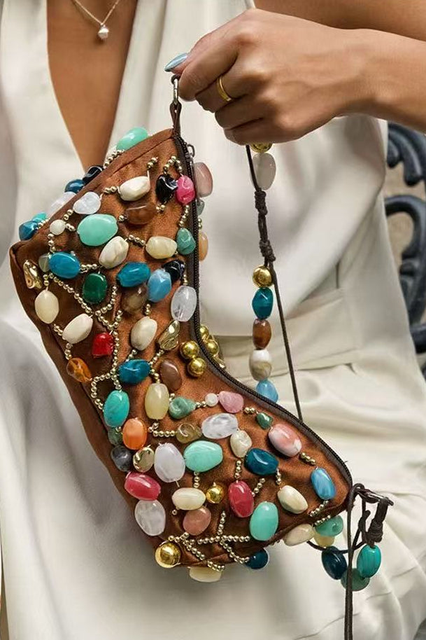 Beaded Crescent Shoulder Bag with Colorful Stone Embellishments