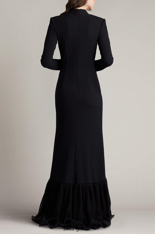 joyce black Ruffled Gathered high slit Knit Midi Dress