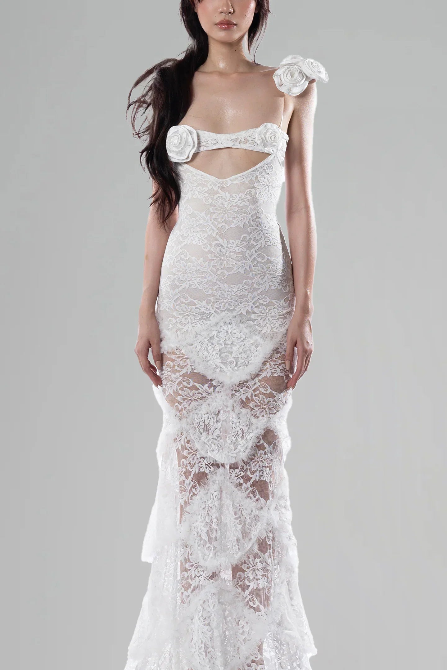 jessie White flower hollow Bodycon Fishtail Maxi Dress