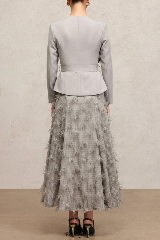 dominic grey Round Neck Long Sleeves Flower Top And Skirt Two-Piece Set
