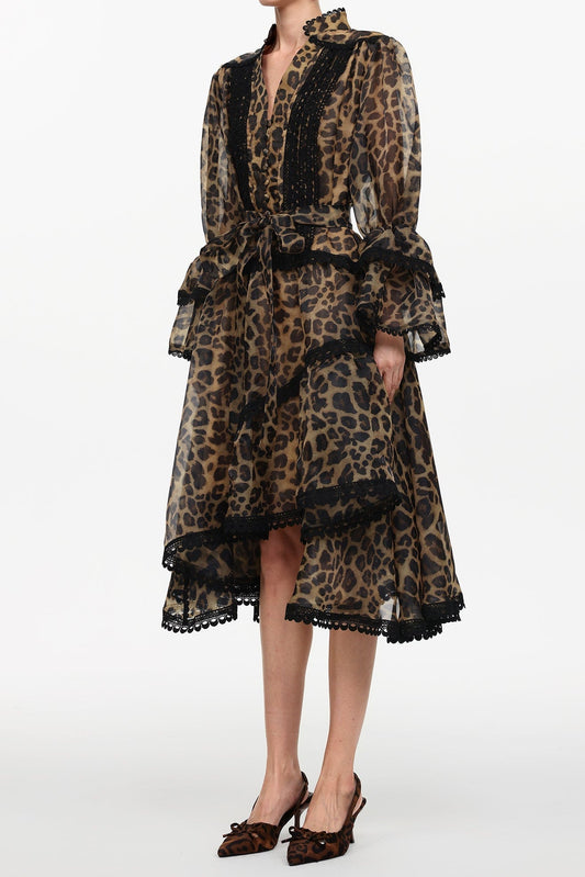 Uhren Resort Flowy V-Neck Long Sleeve Falbala Lace Woven Leopard Print Mini Dress