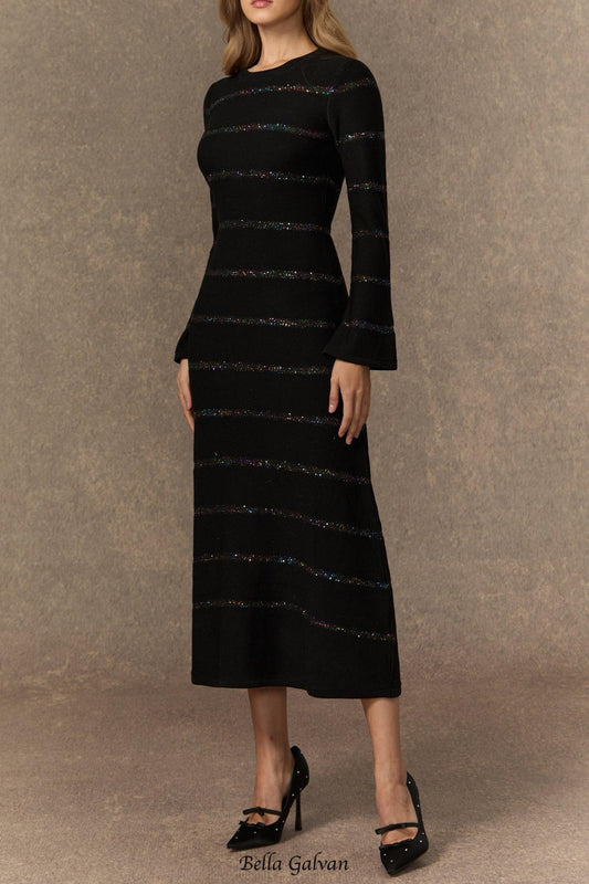 gloria Black Sequin Embellished Knit Midi Dress