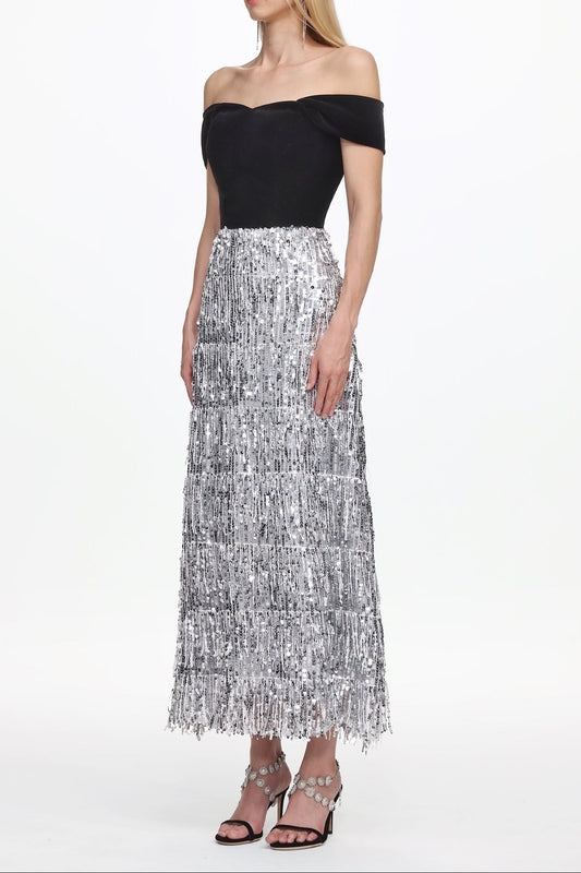 Merrit Off Shoulder Fringe Velvet Maxi Dress