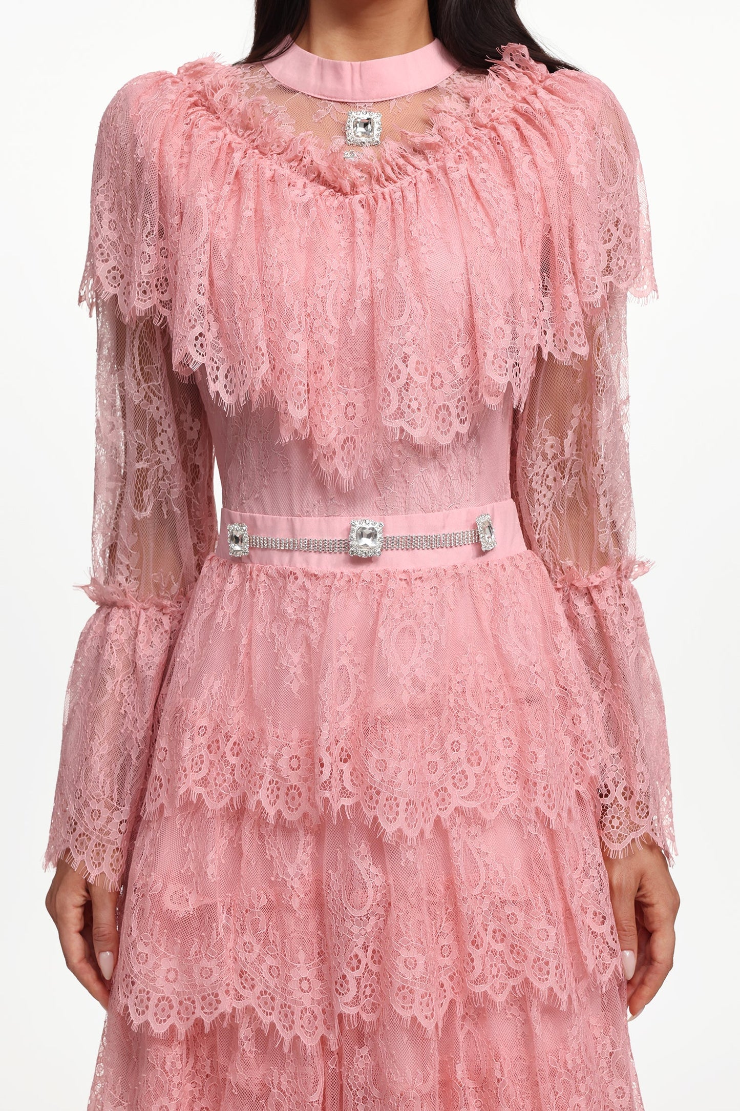 Emmi Long Sleeve Falbala Rhinestone Lace Pink Maxi Dress