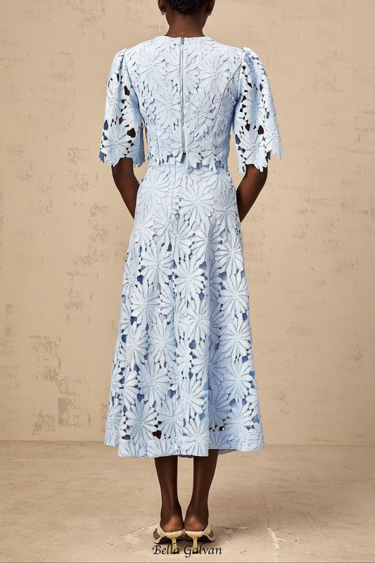 penny Openwork floral lace blouse maxi skirt set - blue