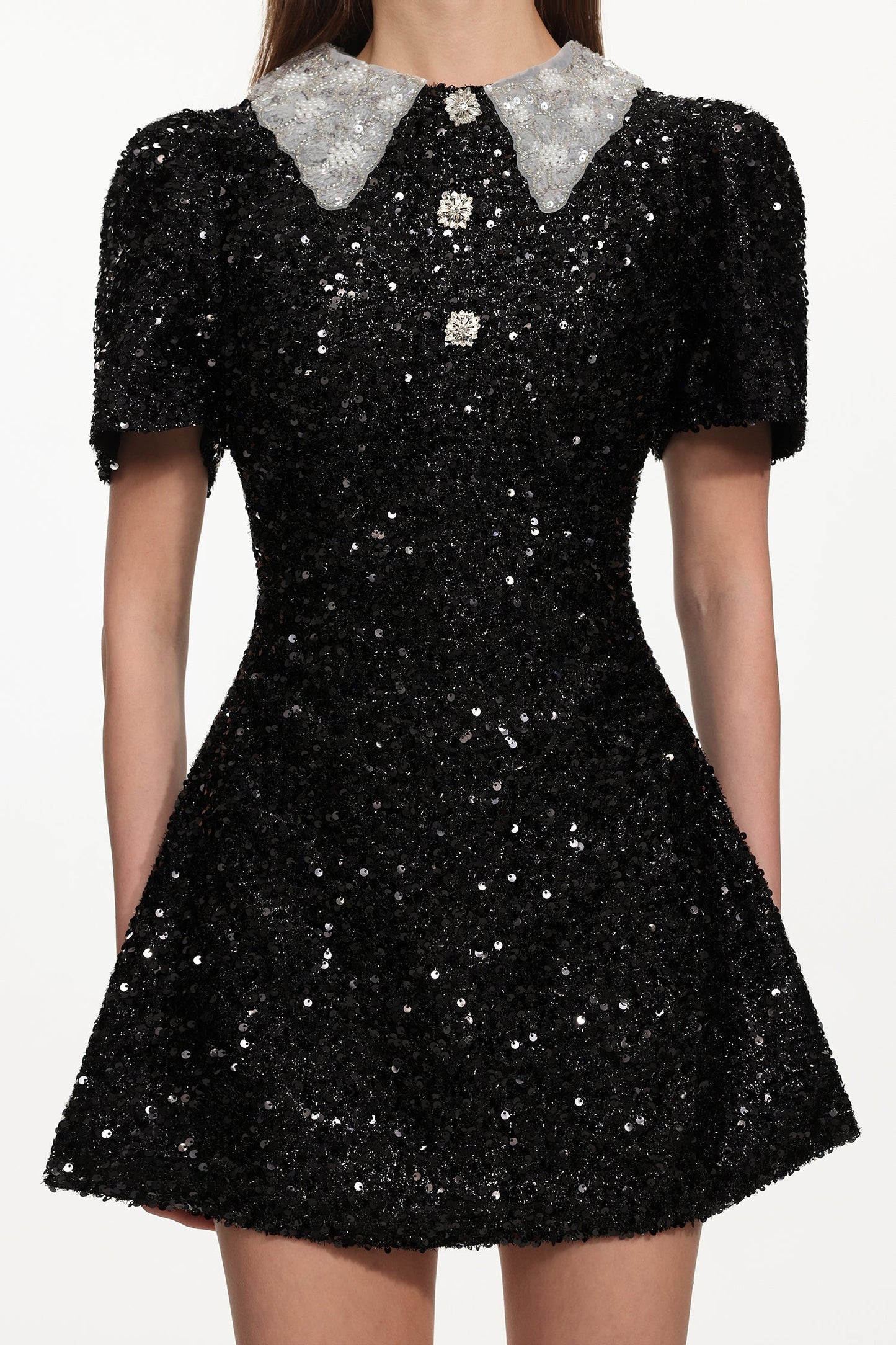 dora Buttoned Contrast Collar Sequin Mini Dress in black