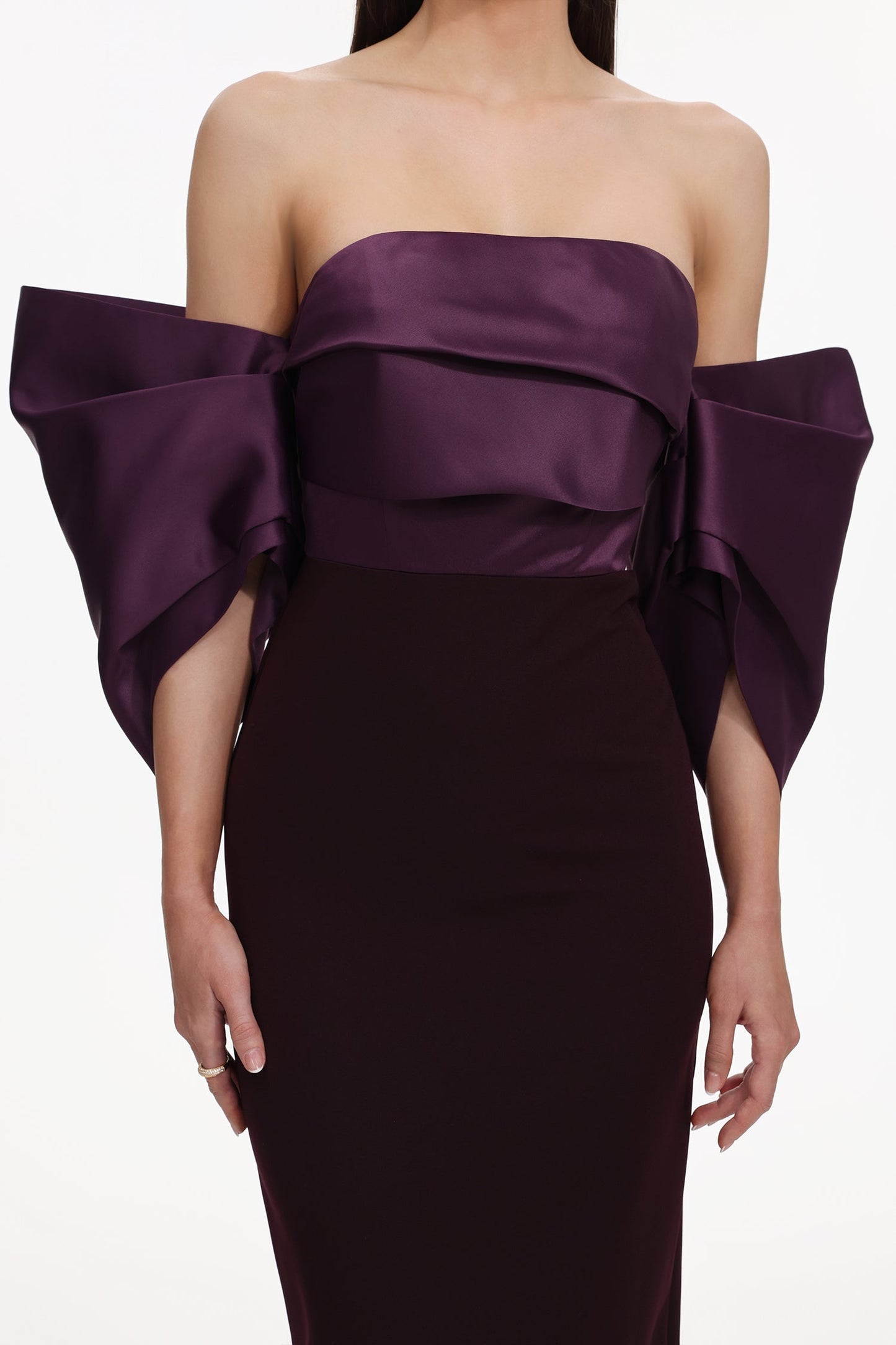 Sareka Off Shoulder Pleated Satin Maxi Dress