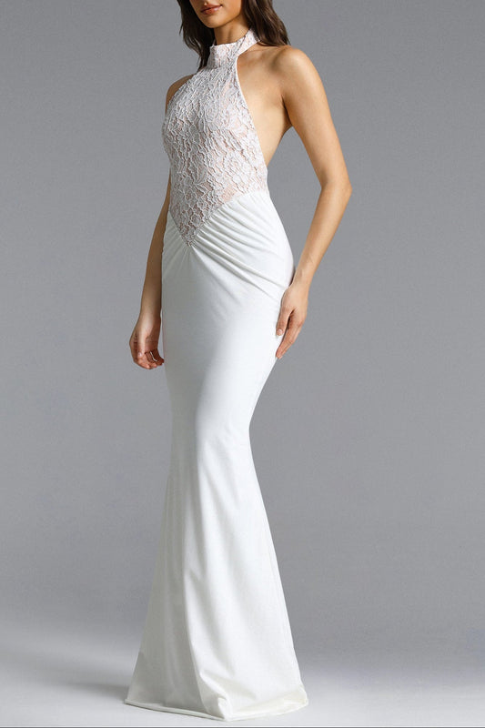 Fahrenheit white Halter Ruched Lace Maxi Dress