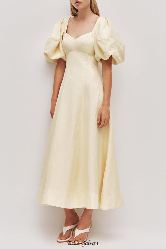 sabrina backless puff sleeve midi dress in yellow