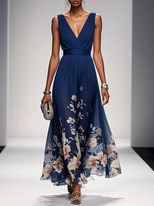 Light Blue Floral Chiffon V Neck Sleeveless A-Line Maxi Dress