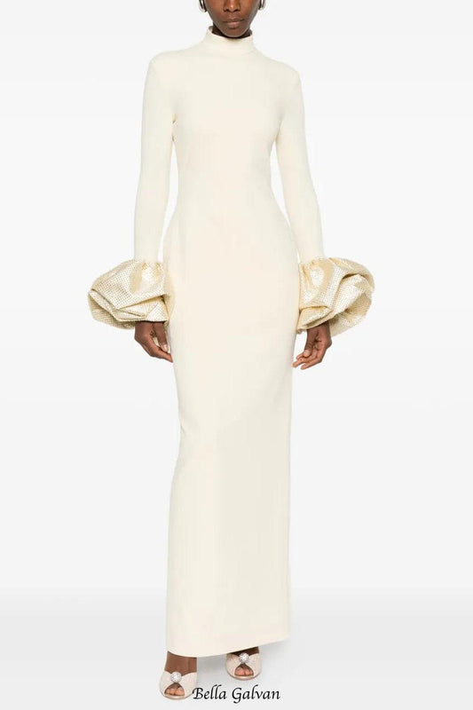 rachel white ruffled crystal-embellished crepe mock-neck gown