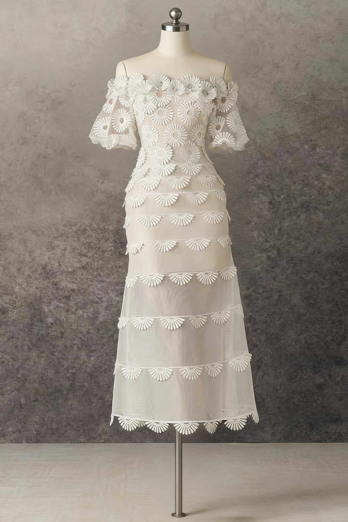 Off-the-Shoulder Daisy Lace Tiered Midi Dress