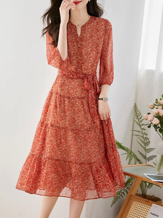 lyuba Vintage Ruffle Floral Chiffon Maxi Dress