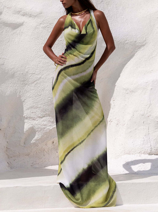 V-neck backless digital print silk maxi dress - green