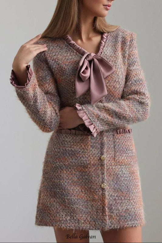 xylia bow v-neck long sleeve mini dress in multicolor