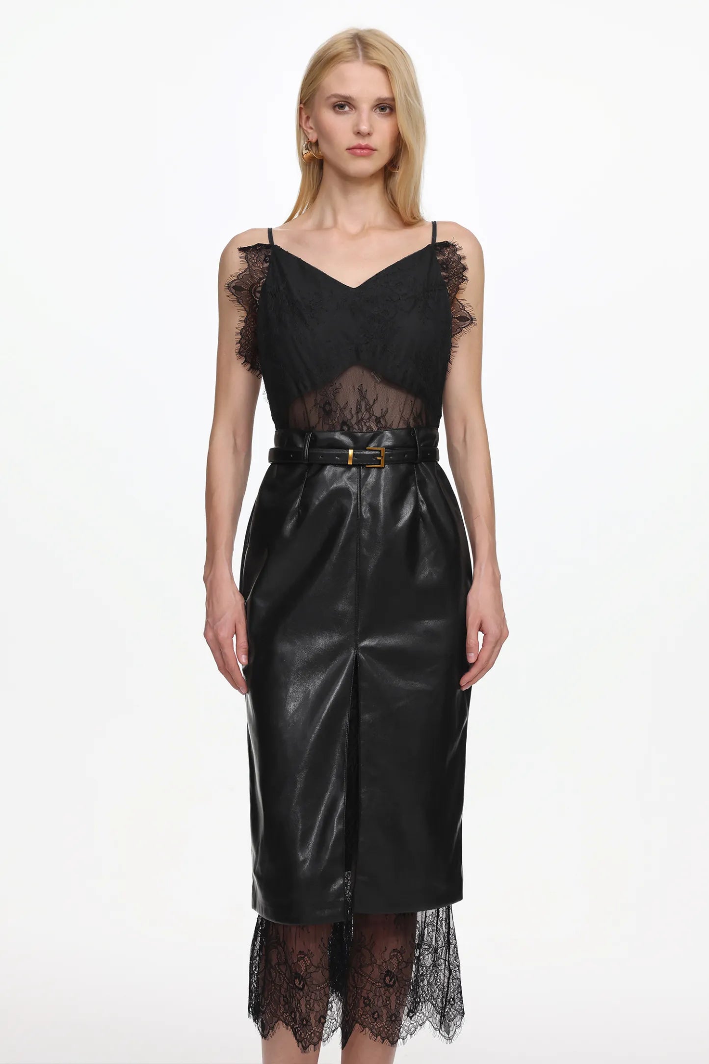 julia black V Neck Sleeveless Lace Faux Leather Midi Dress