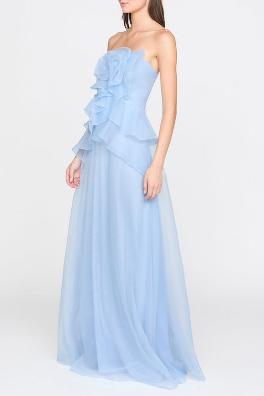 mandy off-shoulder flower ruffle maxi dress - blue