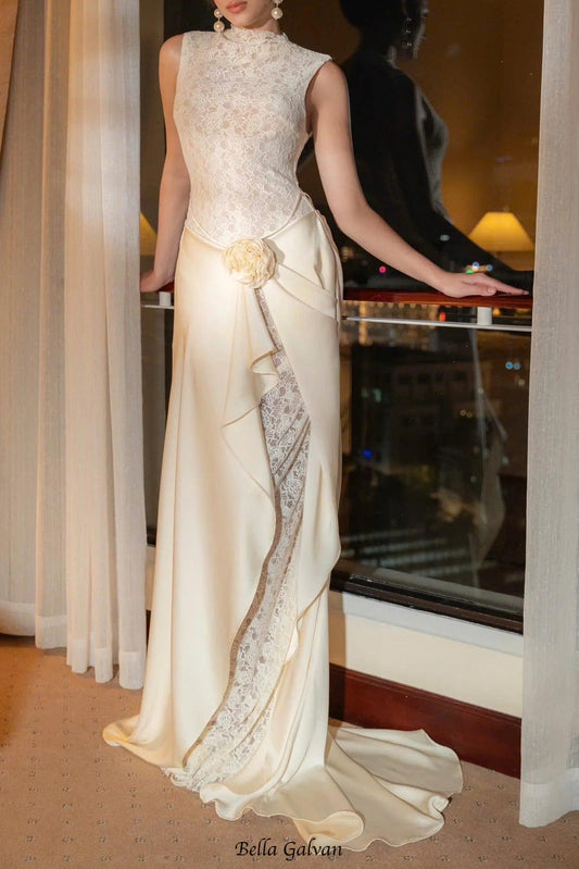 giselle flower embellished sleeveless lace maxi dress in white