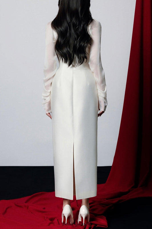 griselda Boat Neck Gathered Midi Dress in ivory