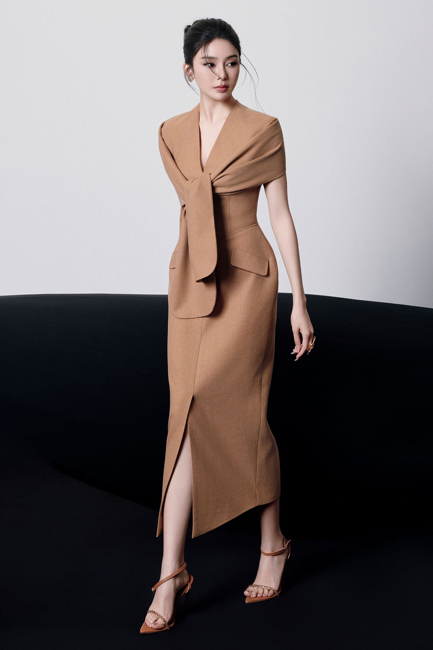beverly V-Neck Draped slit Midi Dress in brown