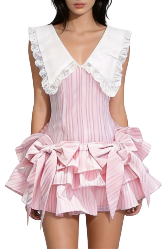 Nalaya Bow Stripe Puffy Mini Dress - Pink