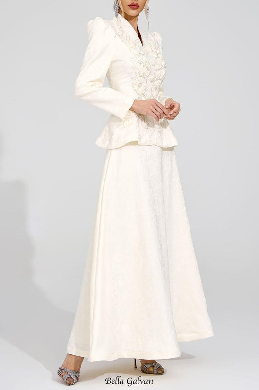 sabrina floral Embroidered coat maxi skirt set - apricot
