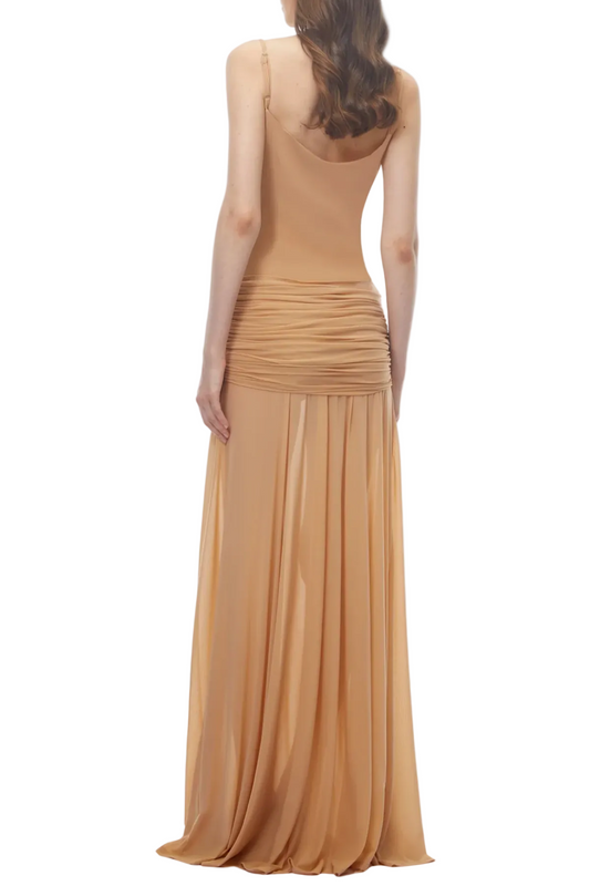 Neraos Draped Ruched Maxi Dress - Beige