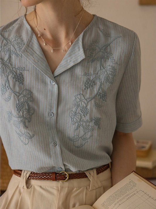 embroidery yarn-dyed striped lapel short-sleeved shirt