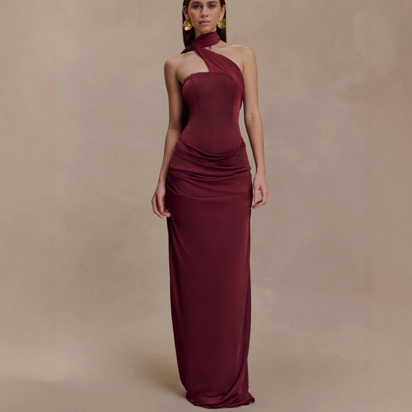 red bandeau sloping shoulder maxi dress