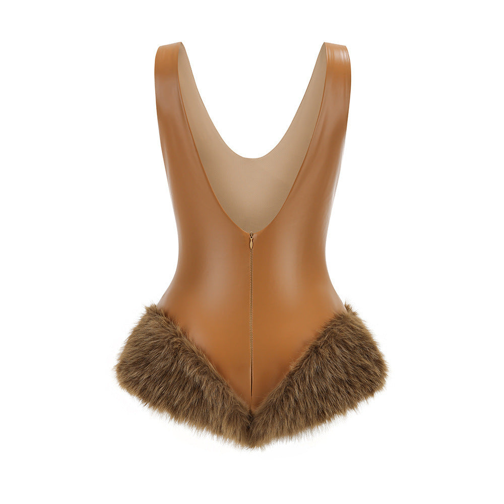 ashley v-neck leather fur trim mini dress in brown