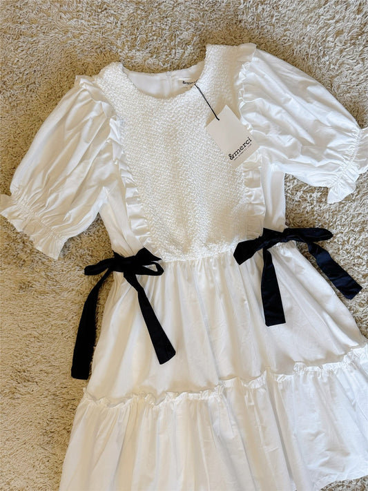 bow ruffled lantern sleeve pocket cotton dress