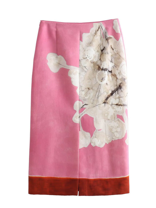 Floral print linen blend midi skirt - pink