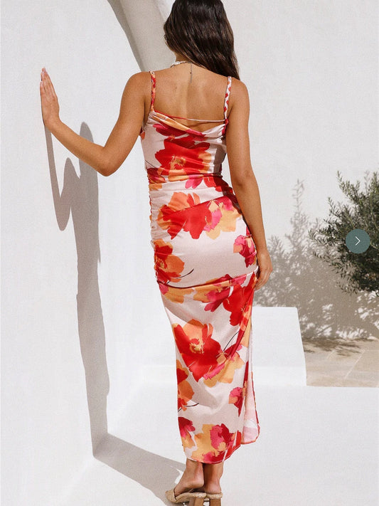 satin floral wavy collar woven spaghetti strap slit dress