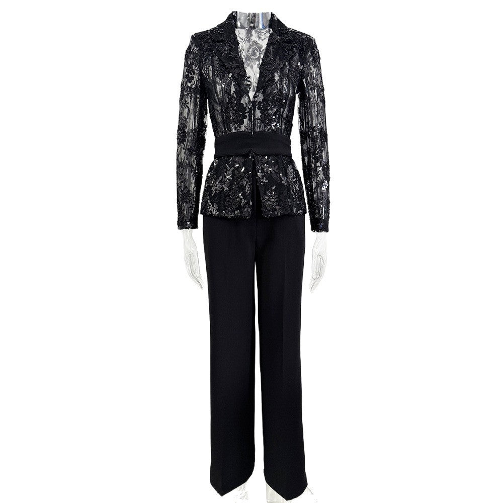 Mesh embroidered beaded jacket & trousers 2-piece set - black