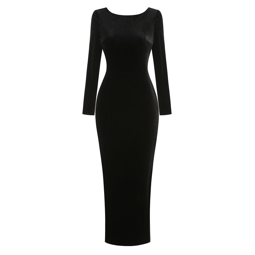 lee Black long-sleeve backless studded fishtail velvet maxi dress