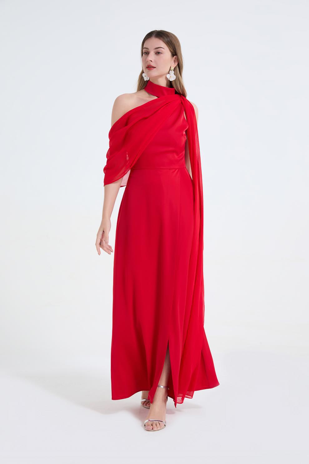 tammy Tailored One-Shoulder Detachable Collar Maxi Dress in red