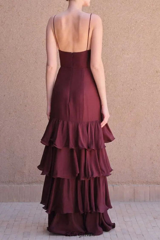 lorraine Waist-cinching backless camisole cake maxi dress - burgundy