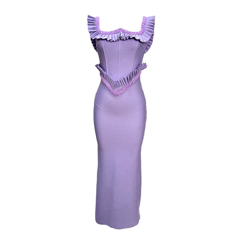 hermosa pearl embellished square neck ruffle bodycon maxi dress - purple