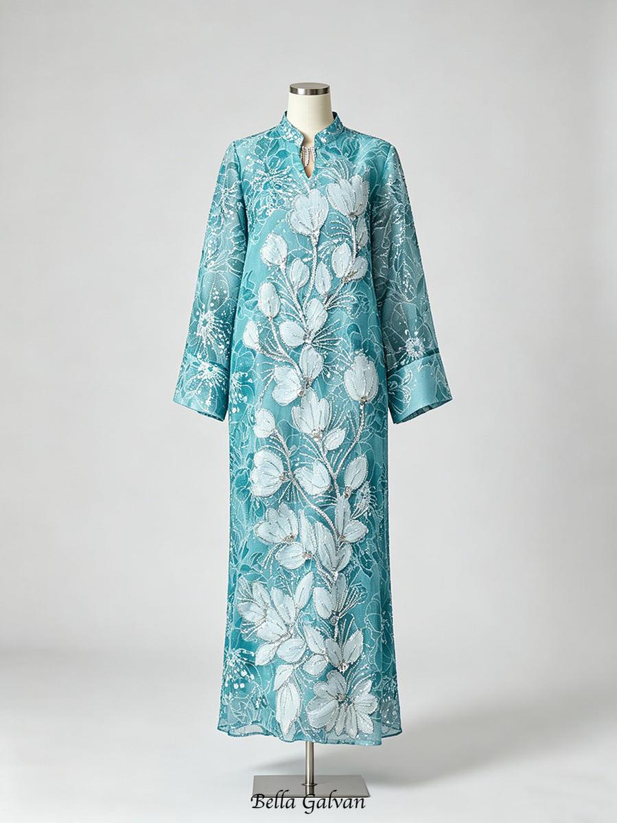 vivien Beaded floral embroidery maxi dress - blue