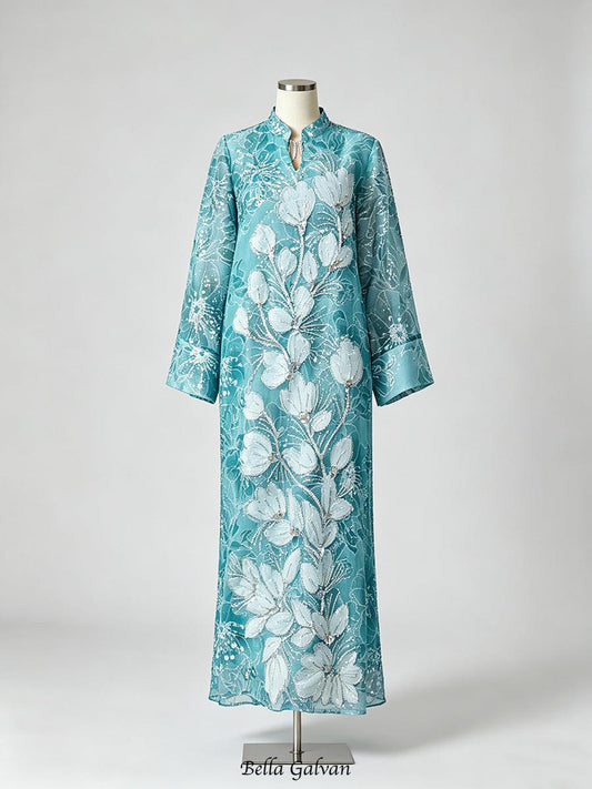 vivien Beaded floral embroidery maxi dress - blue