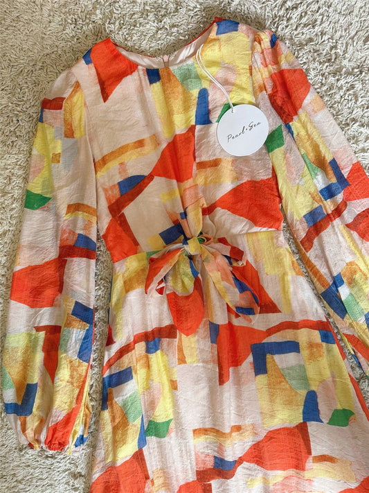 Abstract Color Block Lantern Sleeve Waist Tie Midi Dress