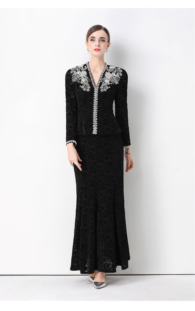 georgia Beaded V-neck lace top & fishtail skirt set - black