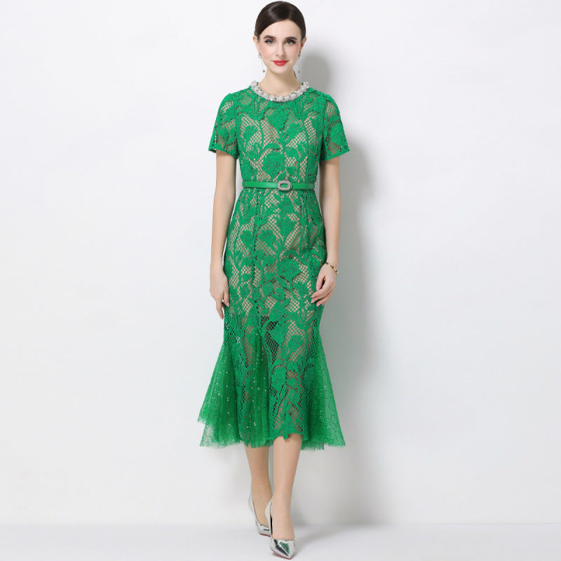 Rhinestone flower hollow lace fishtail midi dress - green
