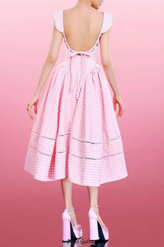 xylia bowknot neck plaid sleeveless midi dress - pink