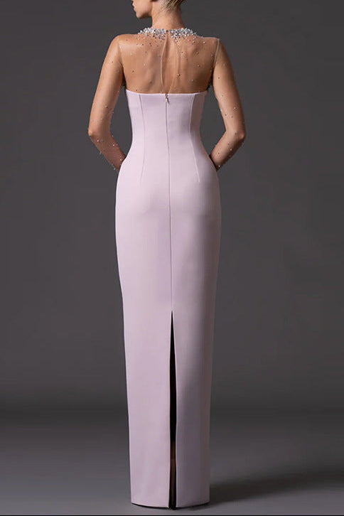 pink mesh splicing bead long dress with diamonds