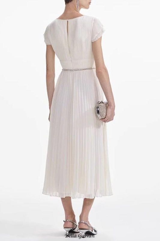 karen v-neck bow pleated chiffon midi dress - white